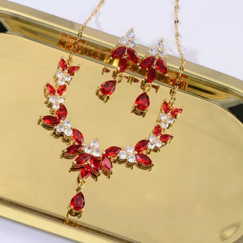 Vista 3 de Juego de joyas de novia para boda Juego de aretes colgantes de hojas colgantes con forma de lágrima y circonita cúbica para mujer, Gema, Circonita