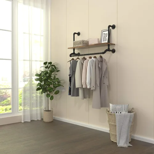 Vista 3 de Tianman Barra de ropa de madera de hierro negro desmontable industrial de 40 pulgadas de ancho, perchero de ropa de tubería resistente, barra