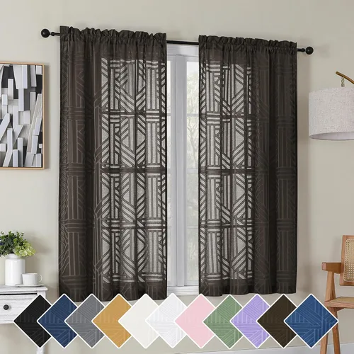 Vista 37 de Simplebrand Cortinas traslúcidas negras de cocina de 24 pulgadas de largo, 2 paneles, filtrado de luz, geométrico jacquard con textura, cortinas