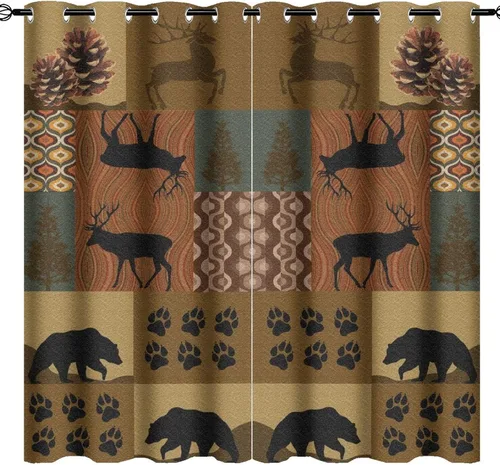 Vista 41 de Cortinas de oscurecimiento estilo campestre con osos, alces y ciervos, cortinas opacas para ventanas con ojales, tratamiento de ventanas eficiente