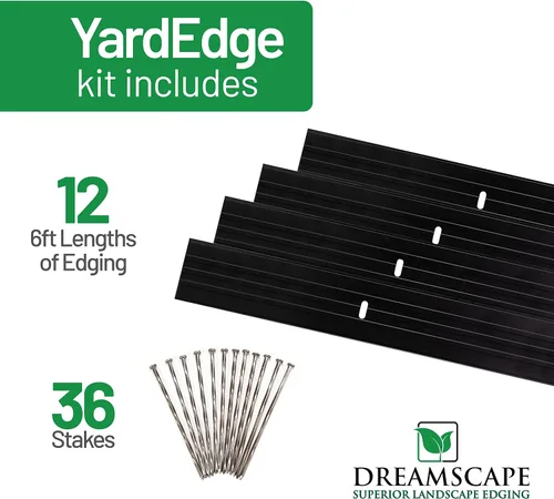 Vista 2 de Dreamscape YardEdge Kit de aluminio para bordes de paisaje, 12 tiras, 6 pies cada una (72 pies en total), pintura Duraflex negra, borde de Negro