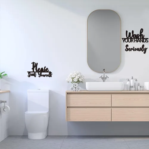 Vista 3 de Amyhill 2 juegos de decoración de pared de baño, lávate tus manos seriamente y por favor siéntate tú mismo, divertido letrero decorativo de madera