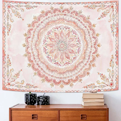 Vista 12 de Fowocu Tapiz bohemio con mandala floral para colgar en la pared, medallón de flores bohemias, tapiz estético, beige, naranja, hippie, indio, pequeño