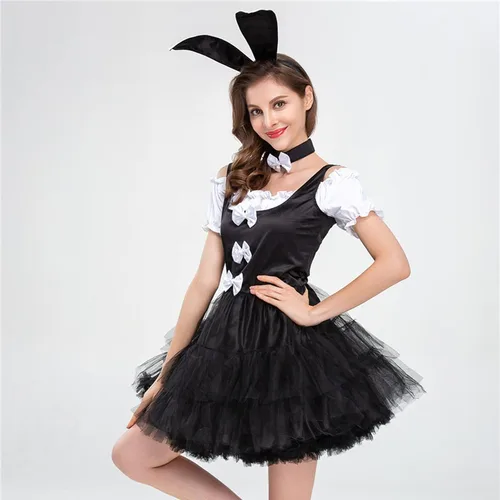 Vista 6 de DSODAN Women Casual Fashion Retro Gothic Bunny Dress Round Neck Dress Mini Mesh Dress