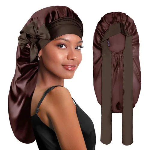 Vista 32 de BONNET QUEEN Gorro de Trenza de Seda Gorro Plegable Extra Largo para Trenzas con Banda de Atar, Capó de Satén Largo para Dormir, Verde Oscuro