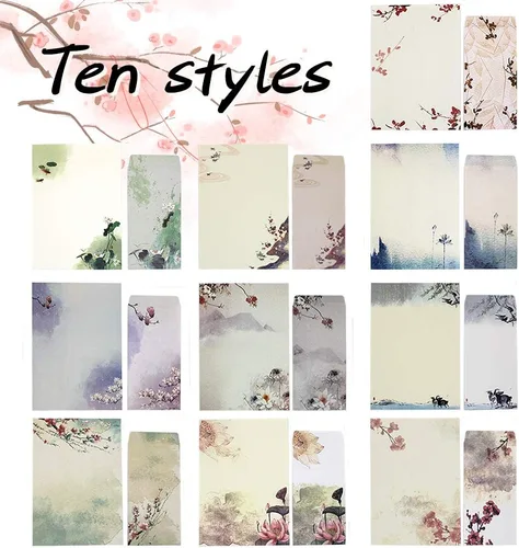Vista 3 de Juego de papel de papelería y sobres, 60 piezas de papelería (40 papeles de papelería + 20 sobres) 10 colores diferentes, pintura de tinta, diseño