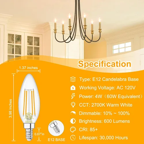 Vista 2 de winshine Bombillas LED E12 para candelabro regulables, 2700 K, blanco cálido, equivalente a 60 W, eficiencia energética, 4 W, tipo B