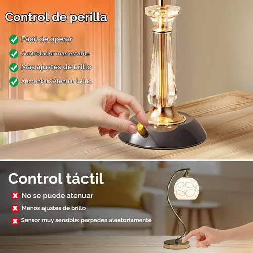 Vista 5 de Juego de 2 lámparas de mesa de cristal, lámpara de mesita de noche regulable con interruptor de encendido/apagado, lámparas de vidrio modernas