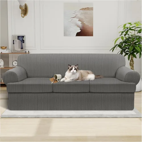 Vista 65 de Funda impermeable para silla con brazos, juego de 2 piezas, funda a rayas para 1 sofá separado con cojín en T, fundas de sillón de tela