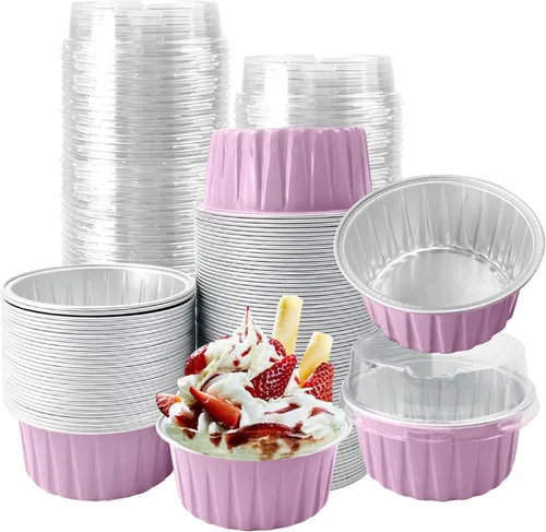 Vista 15 de 100 piezas de tazas de aluminio con tapas, 5 onzas de tazas desechables de ramekin para hornear, forros para magdalenas, mini moldes para tartas
