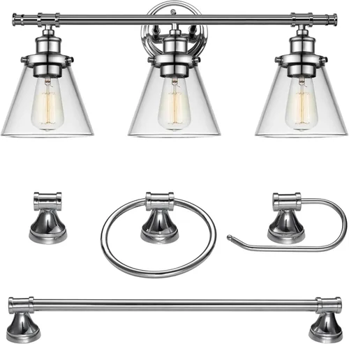 Vista 15 de GLOBE Electric 63000062 - Juego de baño todo en uno de 5 piezas, negro mate y latón, luz de tocador de 3 luces, vidrio sembrado, toallero, soporte