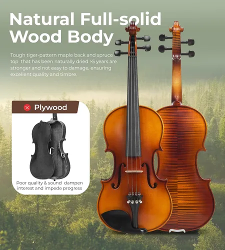 Vista 2 de Vangoa Kit de violín acústico 1/2, violín profesional de madera maciza, tapa de abeto, patrón único de madera de arce a juego, ajuste de ébano