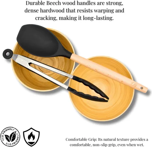 Vista 7 de Juego de utensilios de cocina de 14 piezas, con asas de madera, incluye espátula, batidor, cuchara ranurada, resistente al calor de 446 °F