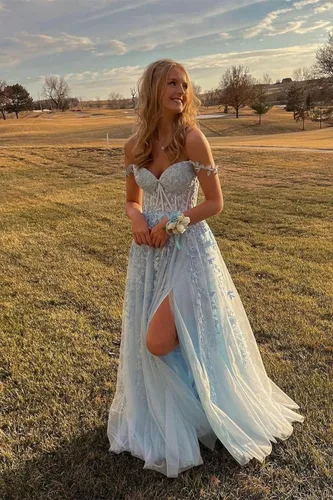 Vista 5 de Vestidos de baile de graduación de tul para mujer, con tirantes delgados, para adolescentes, 2023, con apliques de encaje, abertura formal, vestidos