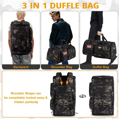 Vista 6 de Bolsa de gimnasio expandible para hombres, táctica grande 3 en 1, bolsa deportiva con compartimento para zapatos, resistente al agua, bolsa de mano