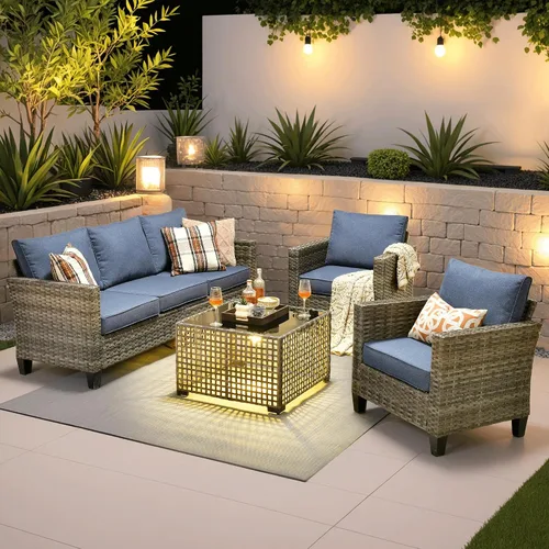 Vista 38 de ovios Juego de muebles de patio de 4 piezas con sofá de exterior, luces solares, mesa, cojines cómodos, sofá de conversación de mimbre de ratán