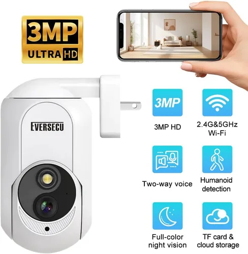 Vista 2 de EVERSECU Cámara de seguridad PTZ inalámbrica 2K Plug&Play, enchufe de toma de corriente incorporado, detección de movimiento, seguimiento automático