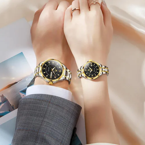Vista 27 de OLEVS Reloj para parejas para él y ella, reloj analógico de cuarzo para hombres y mujeres, de acero inoxidable, impermeable, luminoso, fecha, reloj