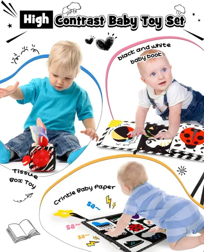 Vista 2 de Baobrava 3 piezas de juguetes para bebés en blanco y negro de alto contraste para recién nacidos, juguete sensorial Montessori para tiempo