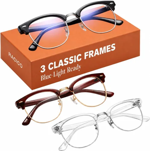 Vista 10 de racico Blue Light Glasses for Men Computer - Gaming Blocking Anti Eyestrain UV Clear Lens Vintage Half Frame Fake Eyeglasses