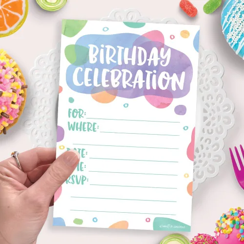 Vista 5 de Puntos de acuarela – Invitaciones de fiesta de cumpleaños – Estilo de relleno (20 unidades) con sobres