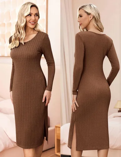 Vista 5 de Ekouaer Maternity Dress Rib Knit Long Sleeve Side Slit Bodycon Dresses Pregnancy Baby Shower Clothes S-XXL