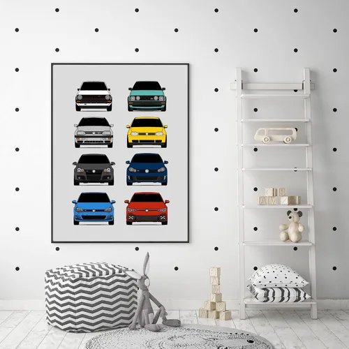 Vista 6 de Custom Car Posters Póster hecho a mano compatible con Volkswagen Golf GTI Generations e impresión de VW GTI (modelos de coche: MK1 a MK8)