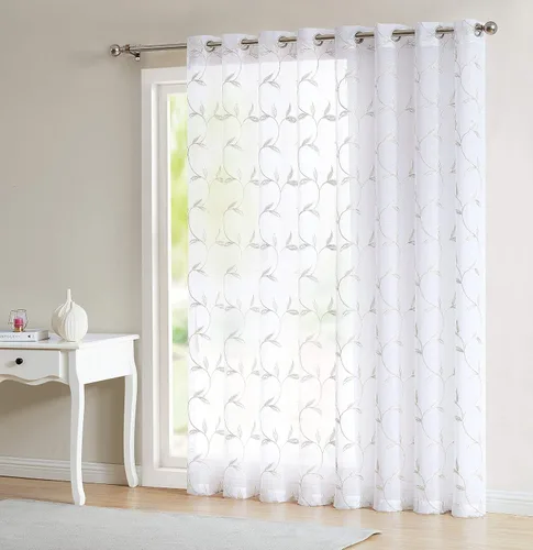 Vista 8 de LINENZONE Cortina de patio transparente blanca para puertas correderas con bordado de hojas de carbón gris. Extra ancha para patio, puertas