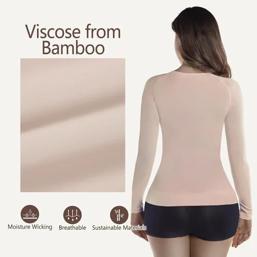 Vista 2 de +MD Camisetas de manga larga para mujer, cuello redondo de bambú, capa base ajustada, ropa interior térmica suave, compresión ligera