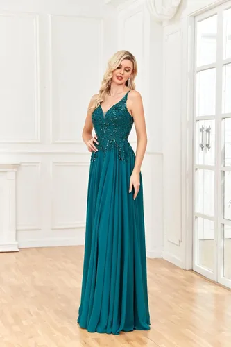 Vista 2 de Ymuxin Vestido de novia para mujer, cuello en V, tirantes delgados, apliques de encaje, vestidos de dama de honor, vestidos formales de noche