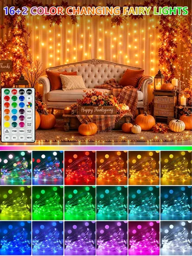 Vista 2 de Serie de luces LED RGB parpadeantes que cambian de color, funciona con pilas, para decoración de interiores y exteriores, con temporizador y control