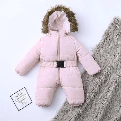 Vista 3 de Abrigo de abrigo cálido para bebé, chaqueta de nieve para niñas, overol con capucha para niñas (rosa, 6-9 meses)