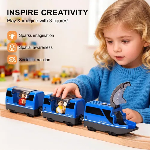 Vista 2 de TOPLIVING Tren motorizado para pista de madera, tren eléctrico con conexión magnética, trenes locomotoras a pilas para niños pequeños, compatible