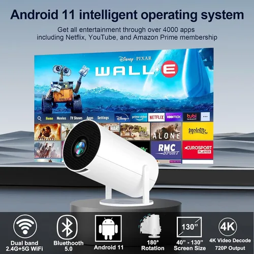 Vista 6 de Mini proyector con WiFi y Bluetooth, HY300 pro proyector 4K decodificación de video, sistema Android, Keystone automático, proyector de video