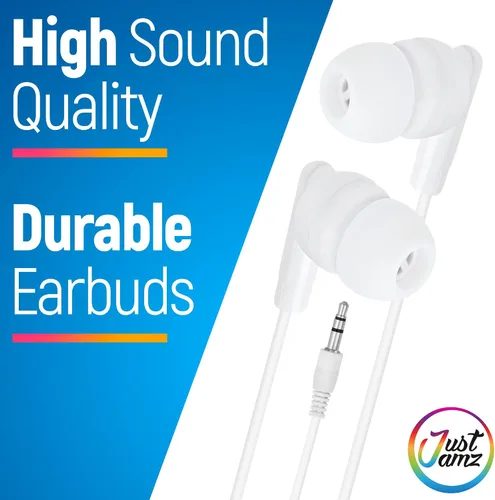 Vista 7 de JustJamz Paquete de 200 auriculares a granel para el aula, incluye 100 auriculares multicolor y 100 blancos con cable con conector de 0.138 in