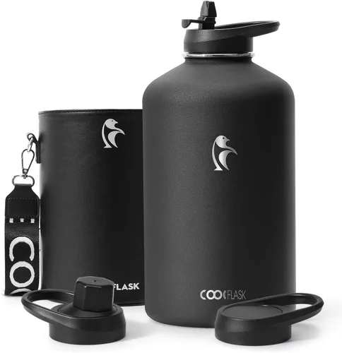 Vista 14 de Coolflask Botella de agua de 64 onzas aislada con funda de cuero PU, botella de agua de medio galón con contraste de color y tapa con popote, jarra