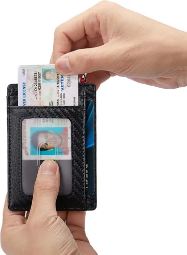 Vista 6 de Billetera delgada minimalista con bolsillo frontal, bloqueo RFID de viaje, billetera delgada de cuero, tarjetero para tarjetas de crédito
