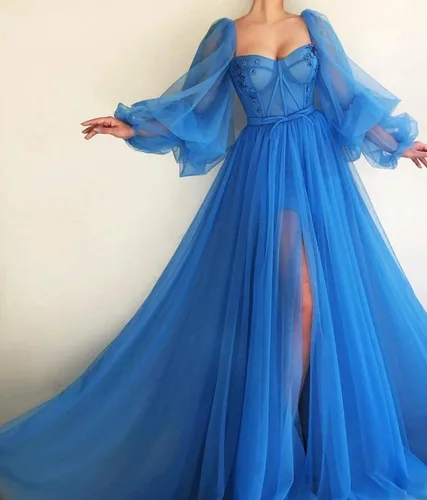 Vista 2 de Vestidos de graduación de tul con manga abombada con abertura 2024, vestido largo de baile de novia, vestidos formales para mujer, fiesta de noche