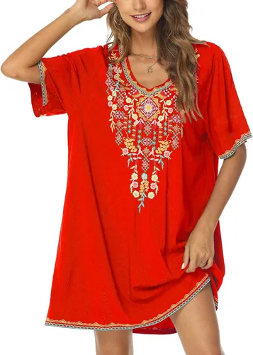 Vista 5 de Grosy Vestidos campesinos mexicanos bordados para mujer, vestido bohemio de fiesta de talla grande para mujer, túnica bohemia floral tradicional