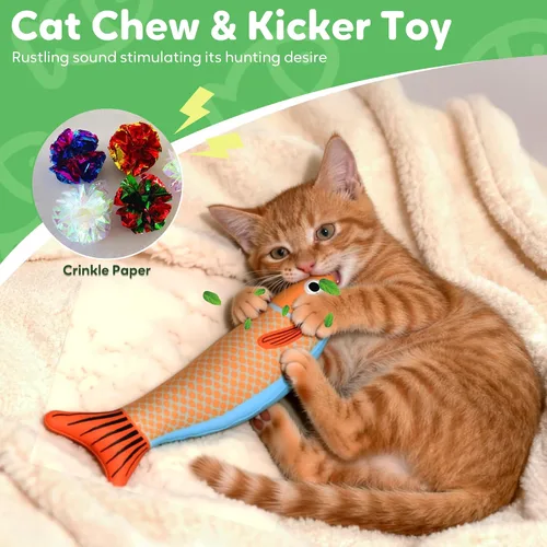 Vista 3 de Juguetes de hierba gatera Saury Fish, Cat & Kitten Chew Kicker Juguetes interactivos arrugados para gatos adultos aburridos en interiores y gatitos