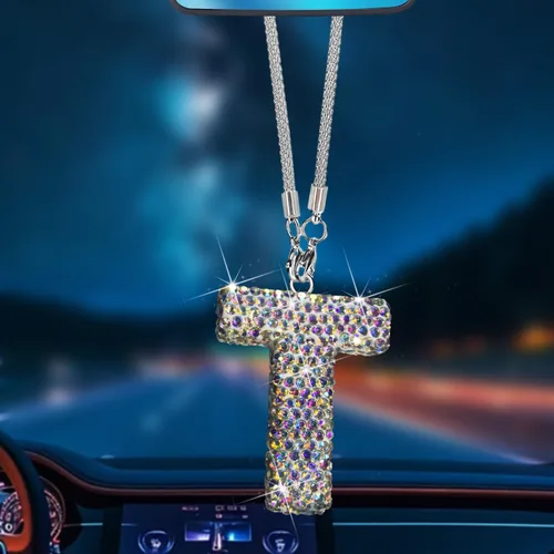 Vista 8 de Colgante de cristal brillante en forma de C, accesorios de automóvil para mujer, accesorios de espejo retrovisor con diamantes de imitación