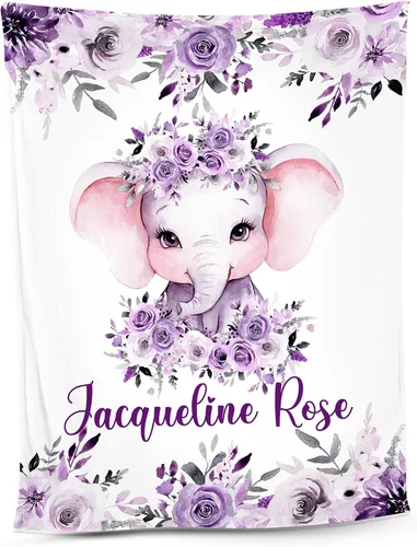 Vista 11 de NAZENTI Manta de bebé de elefante personalizada, manta de bebé niña personalizada con nombre y floral, regalo para niñas y niños, recién nacidos