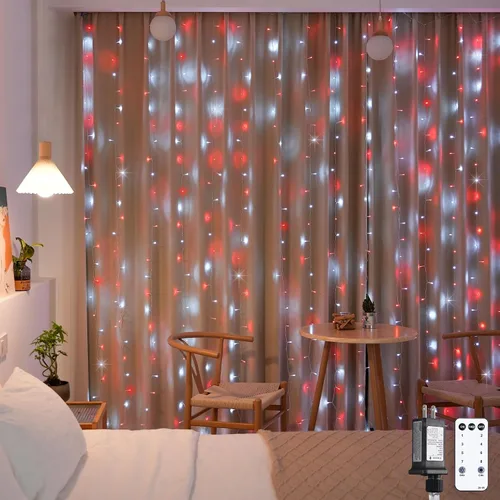 Vista 16 de JMEXSUSS 200 luces LED de cortina rojas, blancas y azules, 6.5 pies x 6.5 pies, 4 de julio, luces USB enchufables, 8 modos patrióticos de cortina