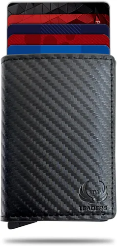 Vista 9 de Cartera delgada con bloqueo RFID, cartera de cuero con bloqueo RFID, billetera desplegable automática, billetera triple de aluminio, cartera