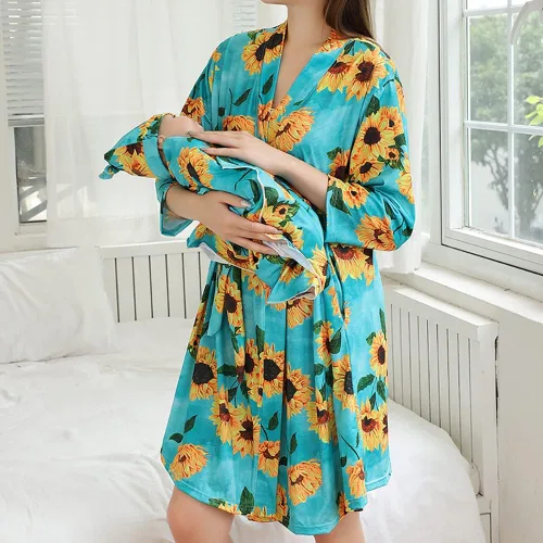 Vista 4 de AWIBMK Mommy and Me Robe and Swaddle Set Floral Maternity and Baby Matching Delivery Blanket Headband for Mom Girl Boy 4pcs