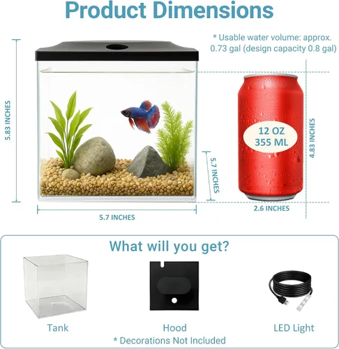 Vista 7 de Tanque de peces pequeño de 0.8 galones, tanque de plástico inastillable con iluminación LED, pecera temporal para freír, aislamiento, educación