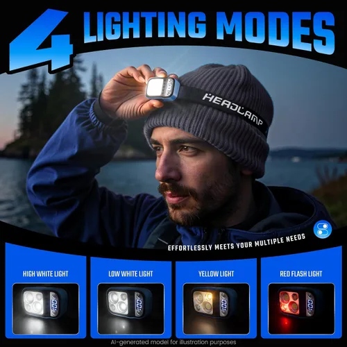 Vista 3 de DARKDAWN - Linterna LED recargable, linterna con diadema de 4 modos Pantalla de alimentación digital USB C, con arriba/abajo ajustable