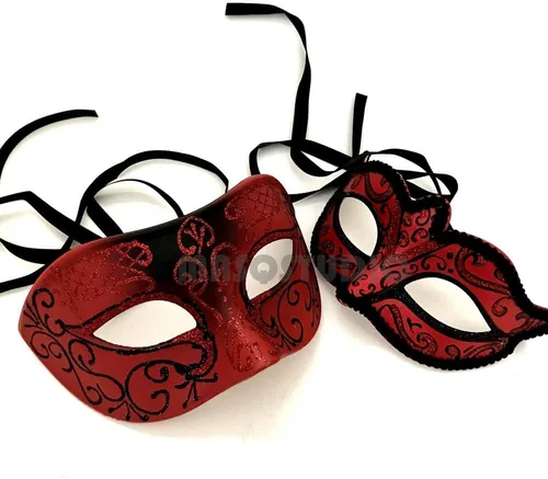 Vista 4 de MasqStudio Par de máscaras rojas para baile de máscaras, cosplay, baile de graduación, fiesta de cumpleaños o decoración