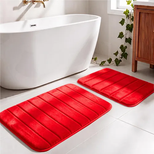 Vista 12 de Juego de 2 alfombras de baño de espuma viscoelástica, súper suaves, absorbentes, de secado rápido, alfombras de baño de espuma viscoelástica Rojo