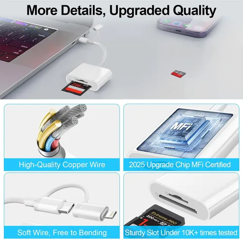 Vista 6 de Lector de tarjetas SD para iPhone, iPad Mac, USB C y Lightning Dual Connector Adaptador de cámara digital para iPhone, adaptador de tarjeta SD